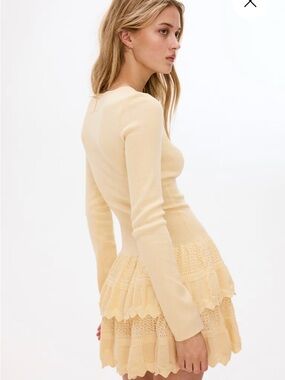 H&M Cream Long-Sleeve Knit Dress with Ruffled Tiered Skirt